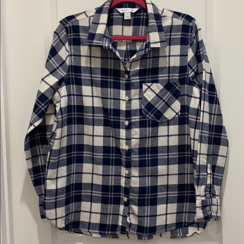 Navy and White Plaid Flannel Shirt